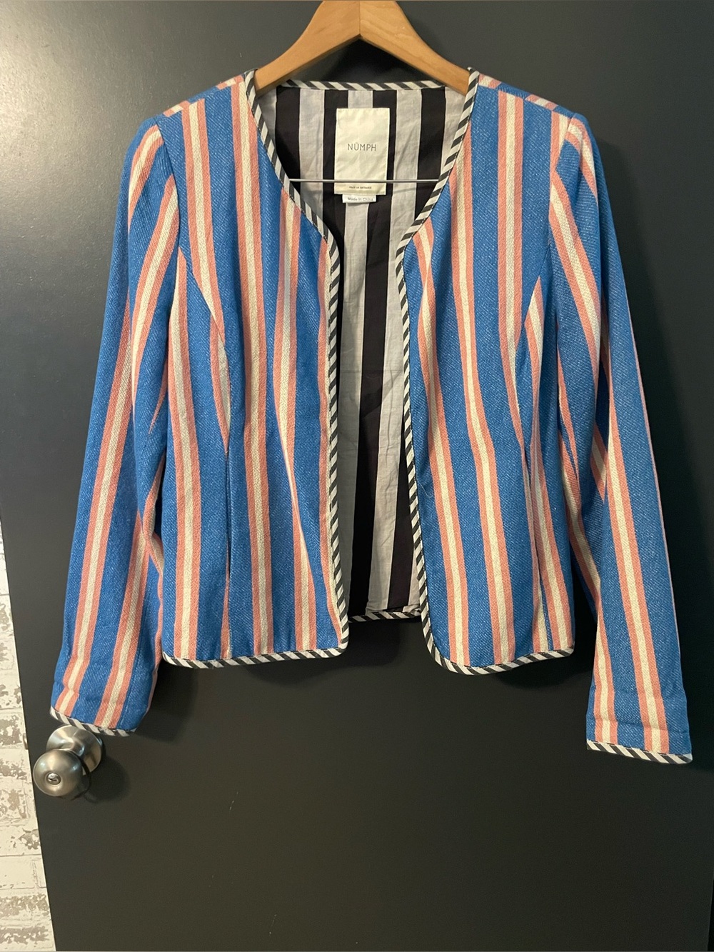 NÜMPH Blue Pink Striped Cotton Open Front Jacket Blazer UK 12 Boho coastal - Picture 2 of 10